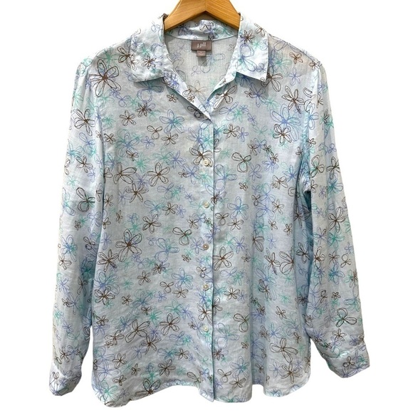 J. Jill Linen‎ Top Size Small Button Front Floral Teal Blouse Long Sleeve - Picture 1 of 6